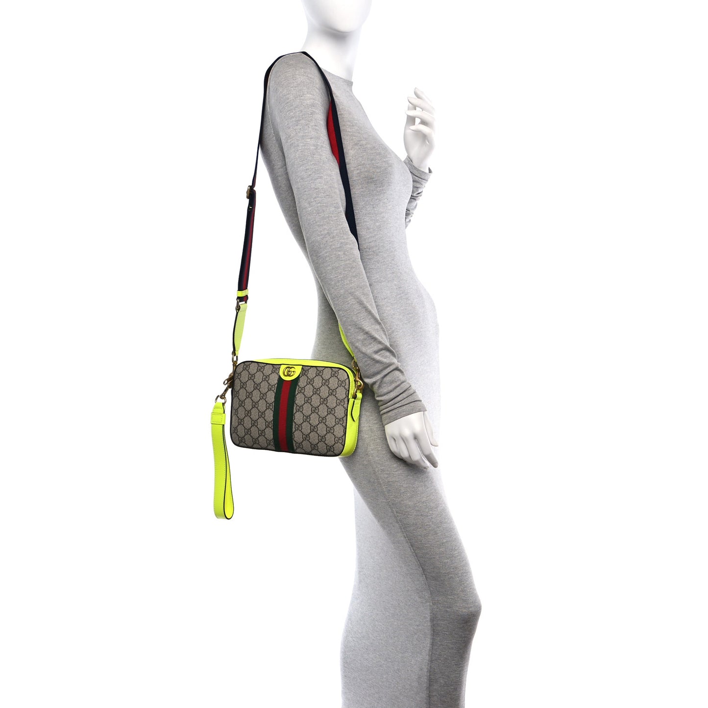 GG Supreme Monogram Textured Dollar Calfskin Web Ophidia Wristlet Shoulder Bag Beige Ebony Fluo Yellow