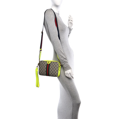 Gucci GG Supreme Monogram Textured Dollar Calfskin Web Ophidia Wristlet Shoulder Bag Beige Ebony Fluo Yellow 2 of 10