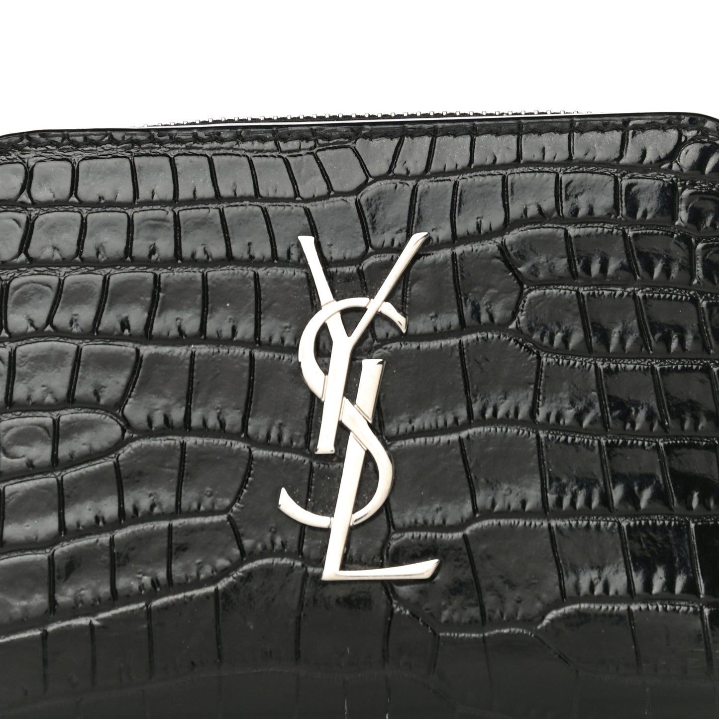 Calfskin Crocodile Embossed Monogram Compact Wallet Black