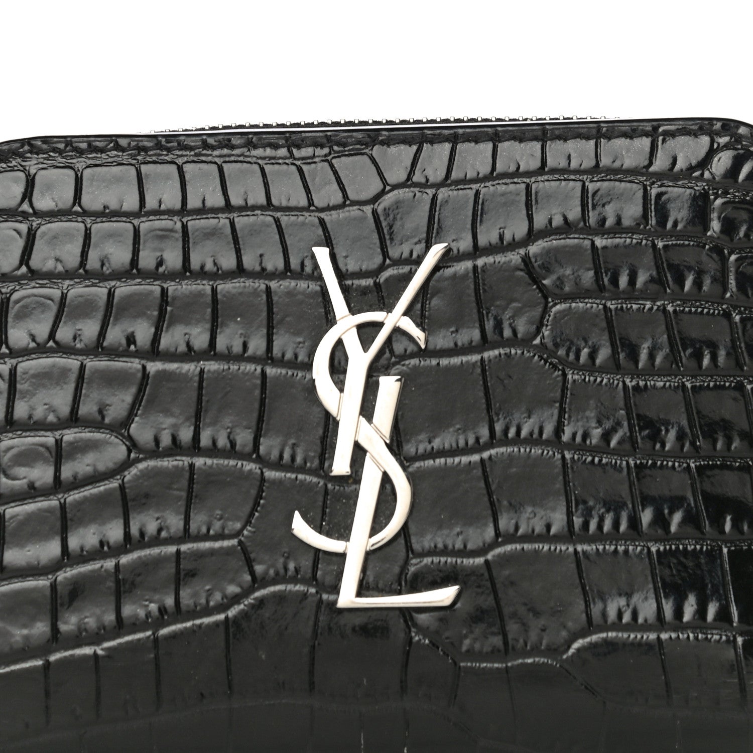 Saint Laurent Calfskin Crocodile Embossed Monogram Compact Wallet Black 8 of 13