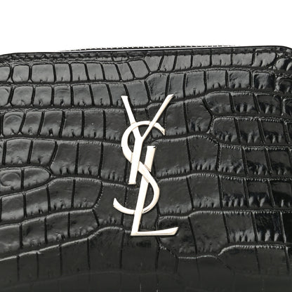 Saint Laurent Calfskin Crocodile Embossed Monogram Compact Wallet Black 8 of 13