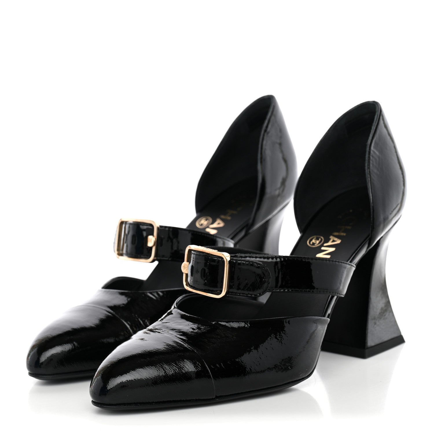 Chanel Patent Goatskin Cap Toe Buckle Pumps 37.5 Black 3 of 9