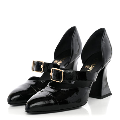 Chanel Patent Goatskin Cap Toe Buckle Pumps 37.5 Black 3 of 9