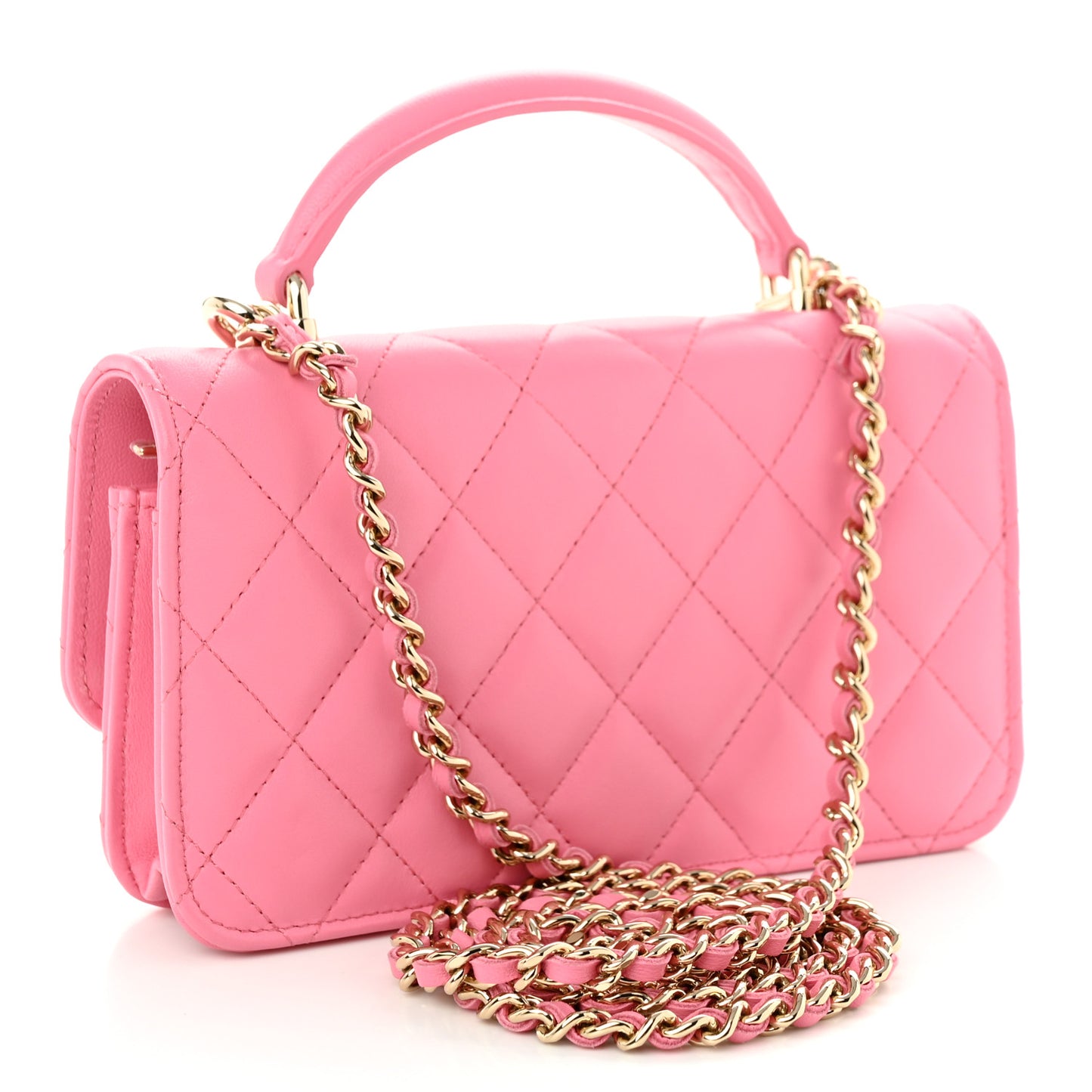 Lambskin Quilted Flap Phone Holder With Chain Pink