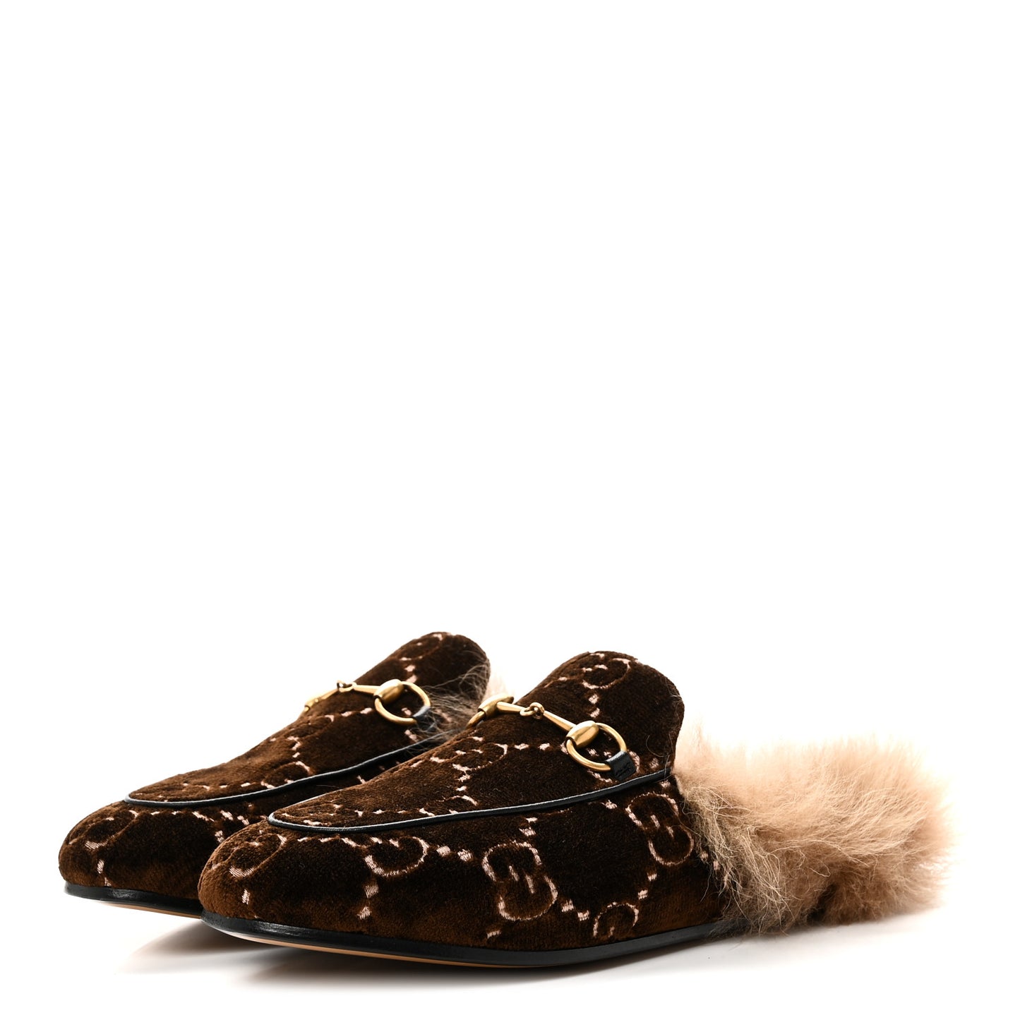 Velvet GG Monogram Fur Womens Princetown Slippers 38 Brown Black Natural