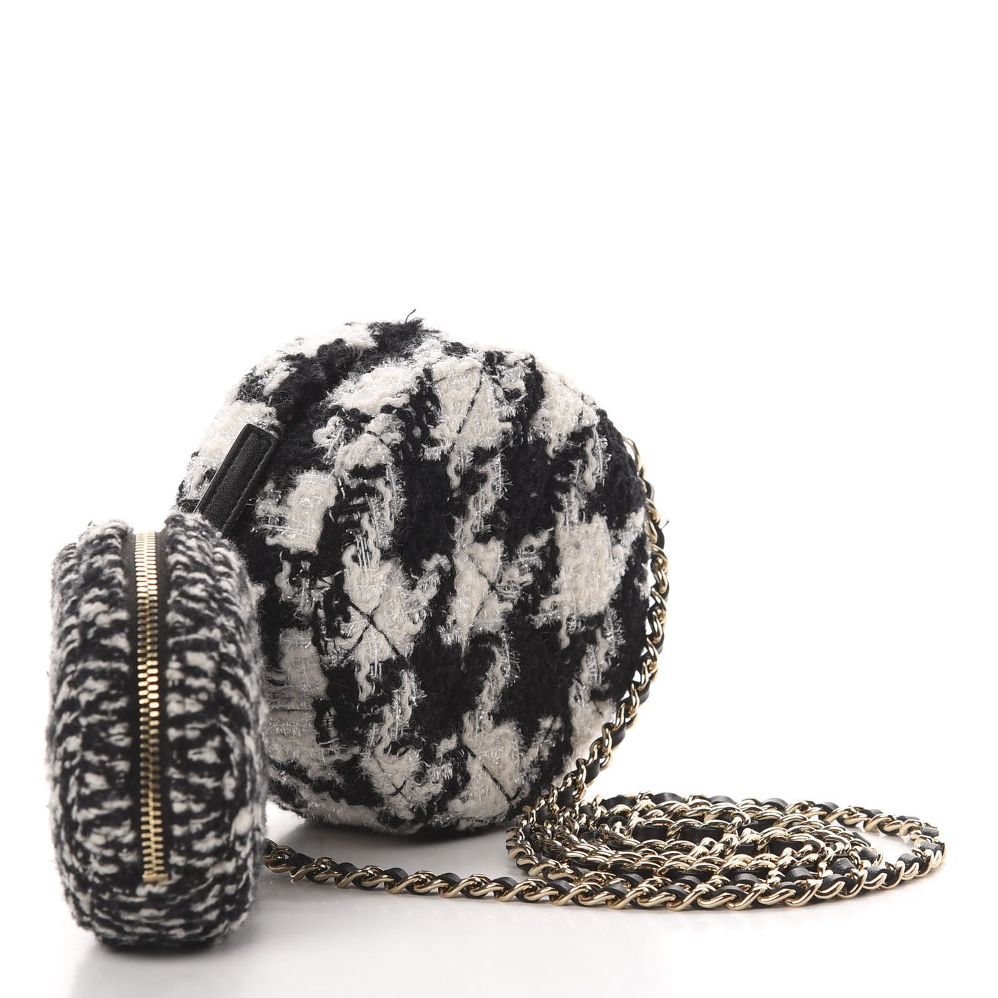 Tweed Shearling Round Clutch With Chain and Coin Purse Black and White