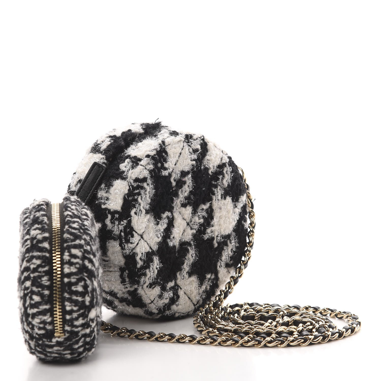 Chanel Tweed Shearling Round Clutch With Chain and Coin Purse Black and White 4 of 12