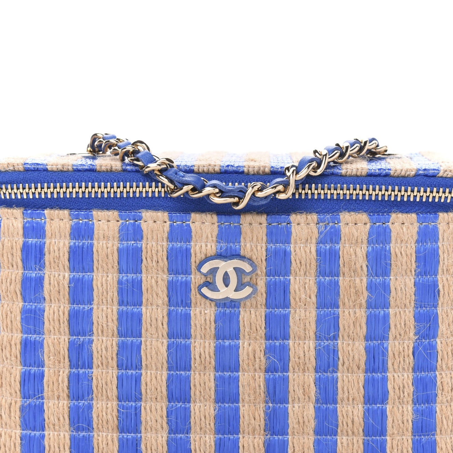 Raffia Jute Striped Small Vanity Case With Chain Blue Beige