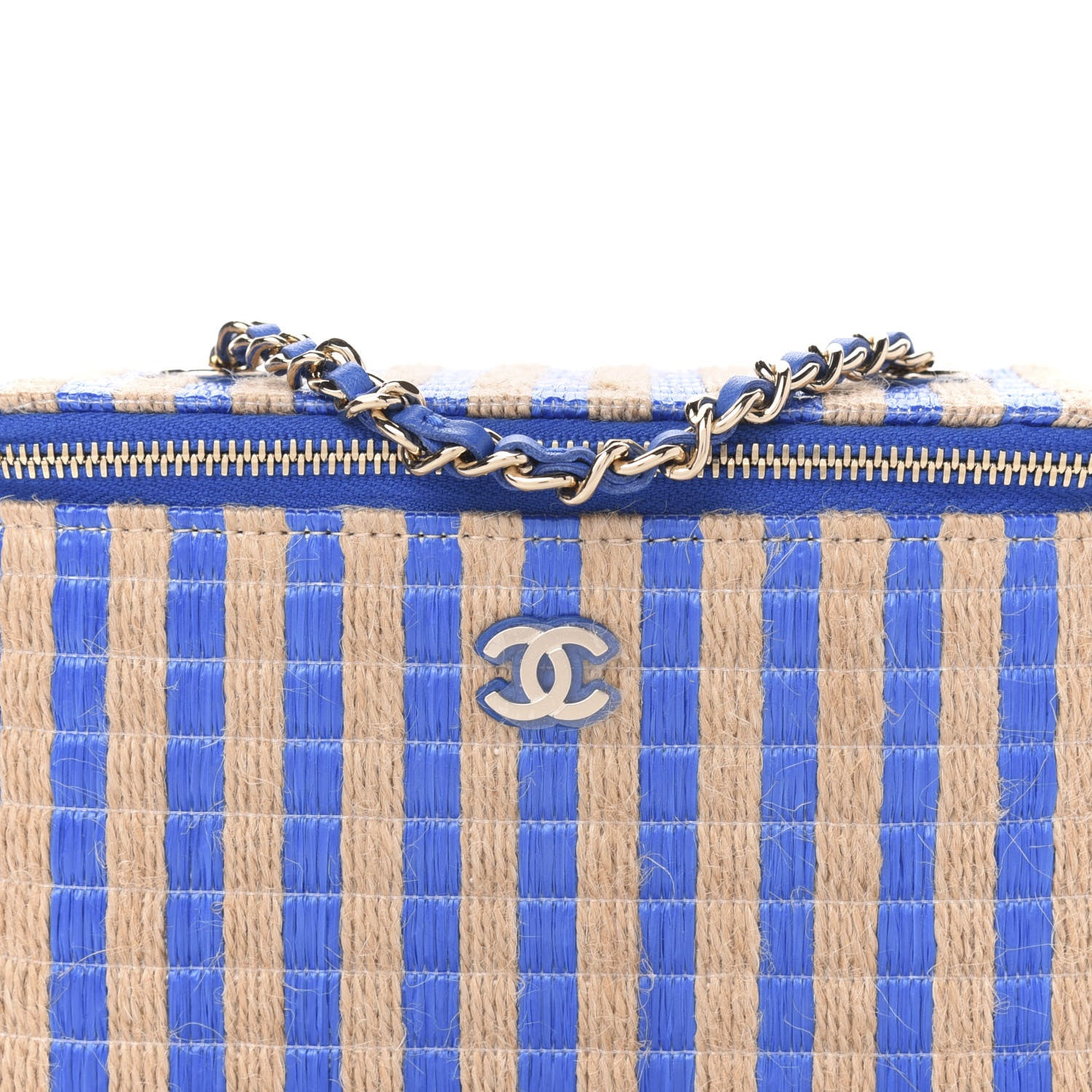 Chanel Raffia Jute Striped Small Vanity Case With Chain Blue Beige 10 of 11