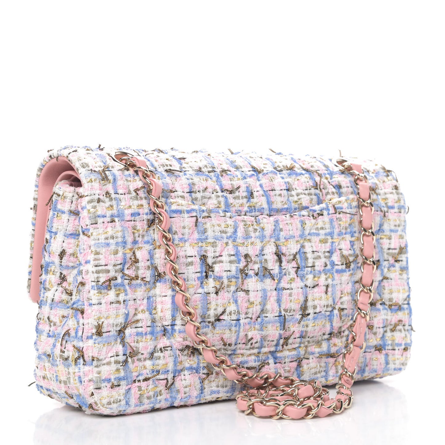 Tweed Quilted Medium Double Flap Blue Pink Gold White