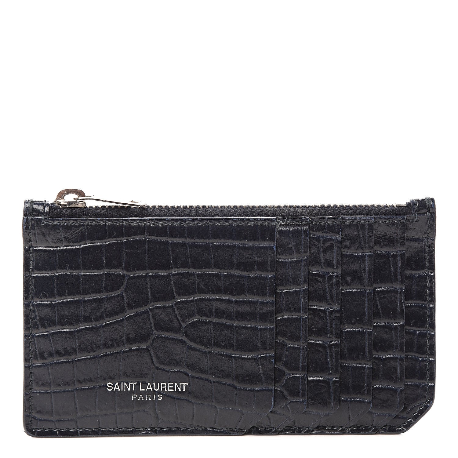 Saint Laurent Calfskin Crocodile Embossed 5 Fragments Zip Pouch Card Holder Blue Marine 1 of 5