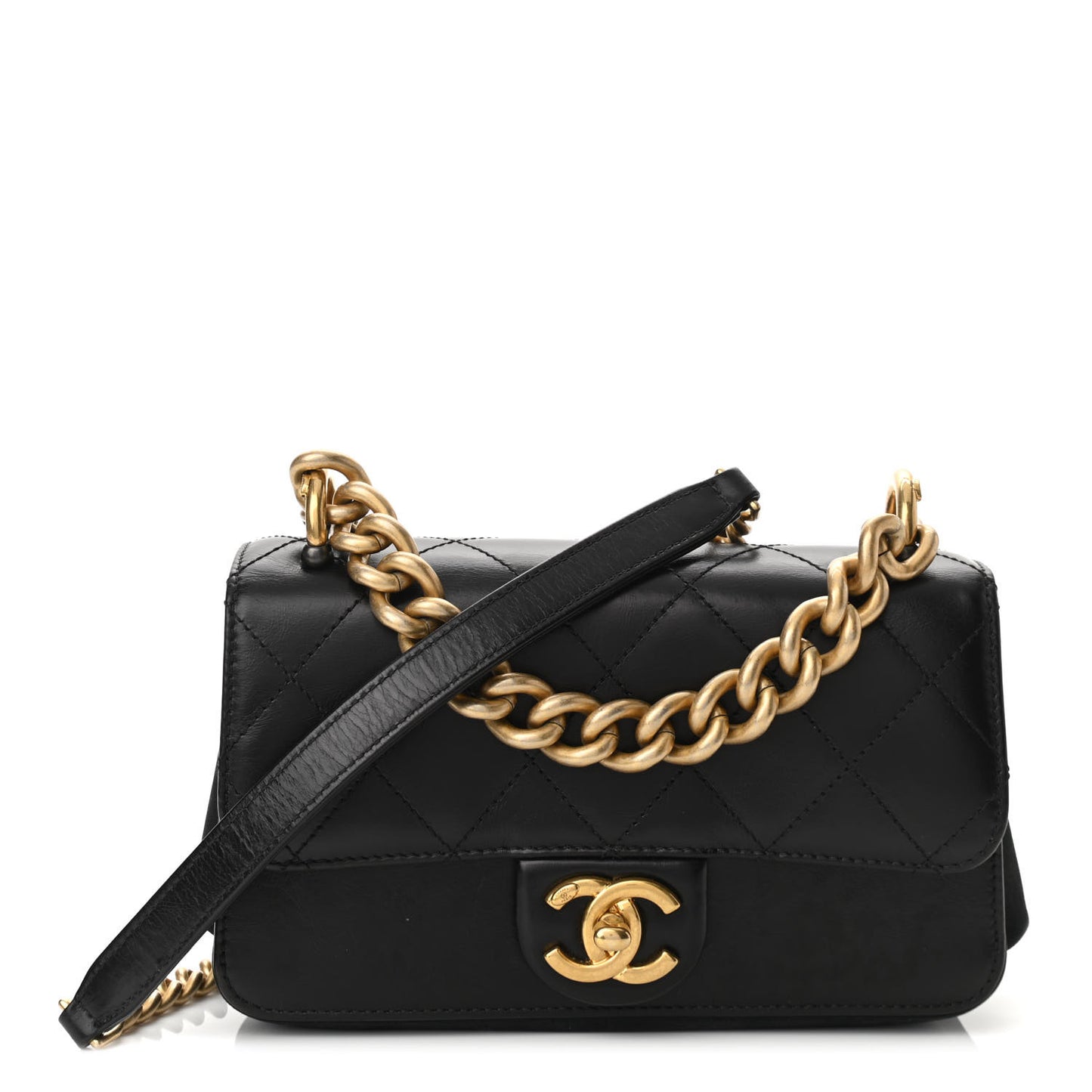 Iridescent Calfskin Quilted Mini Straight Lined Flap Black