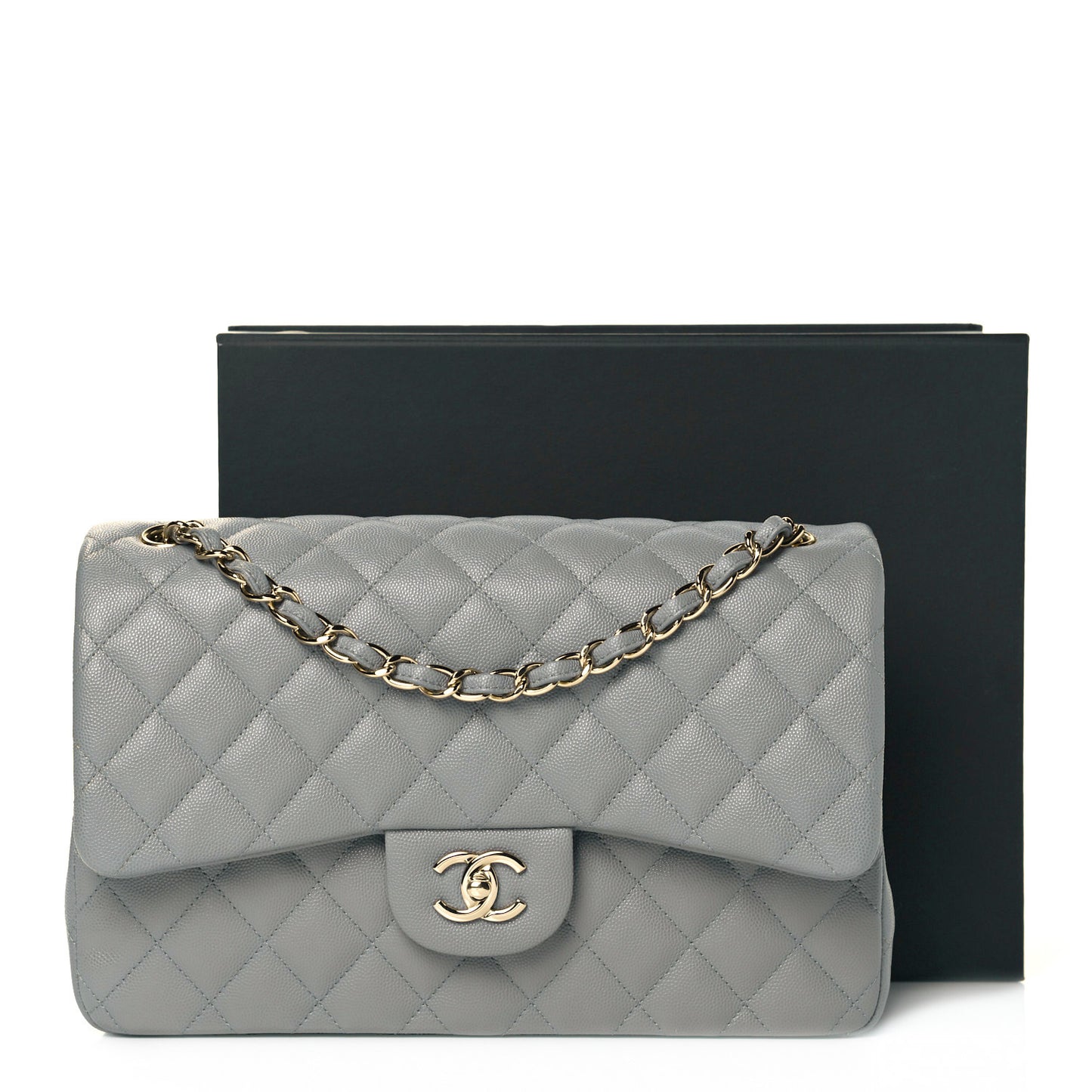 Caviar Quilted Jumbo Double Flap Grey