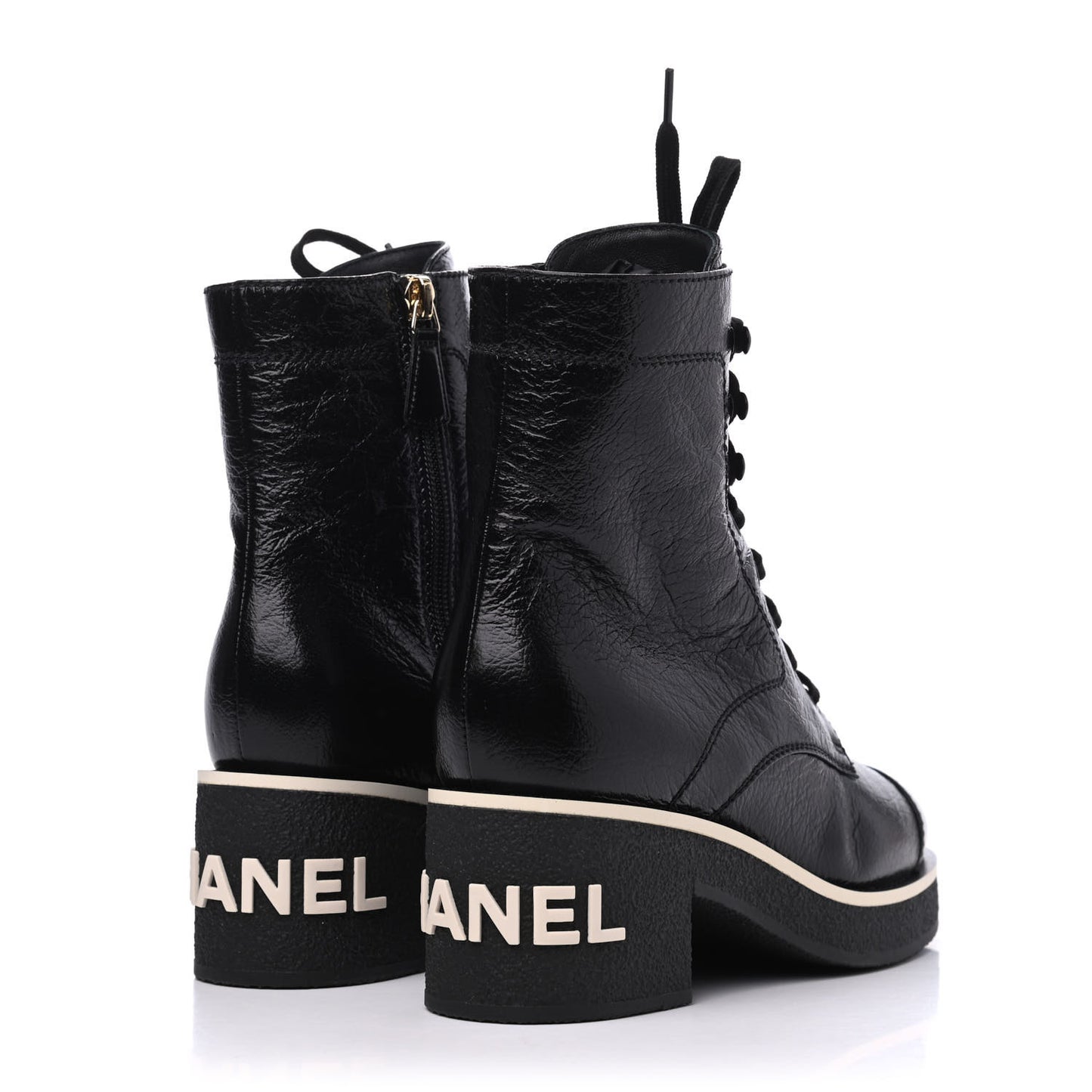 Shiny Crumpled Lambskin Lace Up Combat Boots 35.5 Black