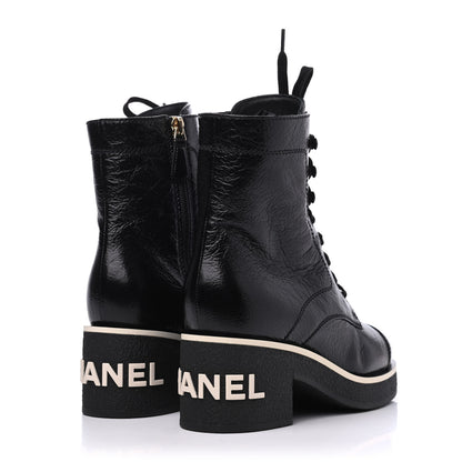 Chanel Shiny Crumpled Lambskin Lace Up Combat Boots 35.5 Black 4 of 13