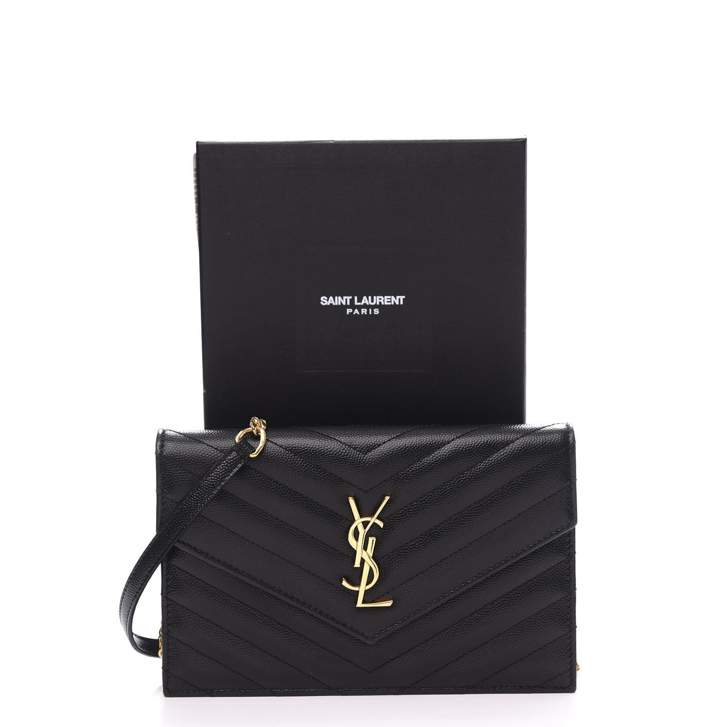 Saint Laurent Grain De Poudre Matelasse Chevron Monogram Envelope Chain Wallet Black 11 of 11