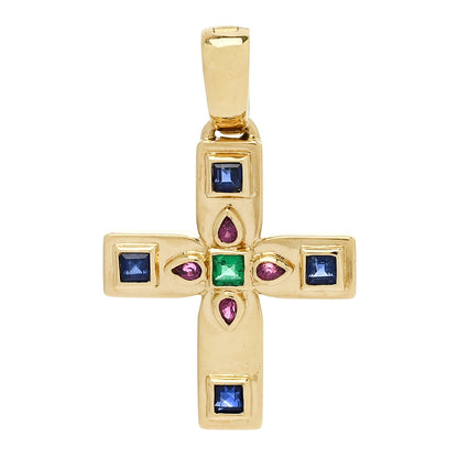Cartier 18K Yellow Gold Blue Sapphire Ruby Emerald Byzantine Cross Pendant 1 of 6