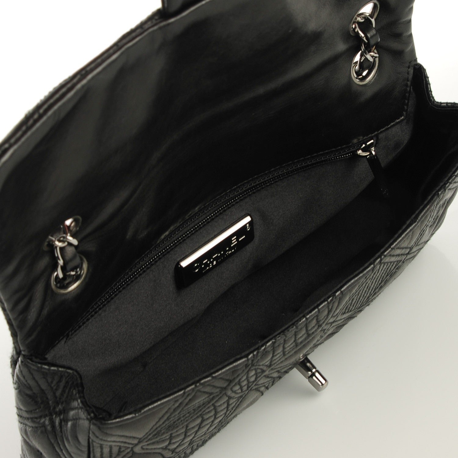 Chanel Lambskin Embroidered Medium Camellia Flap Black 8 of 9