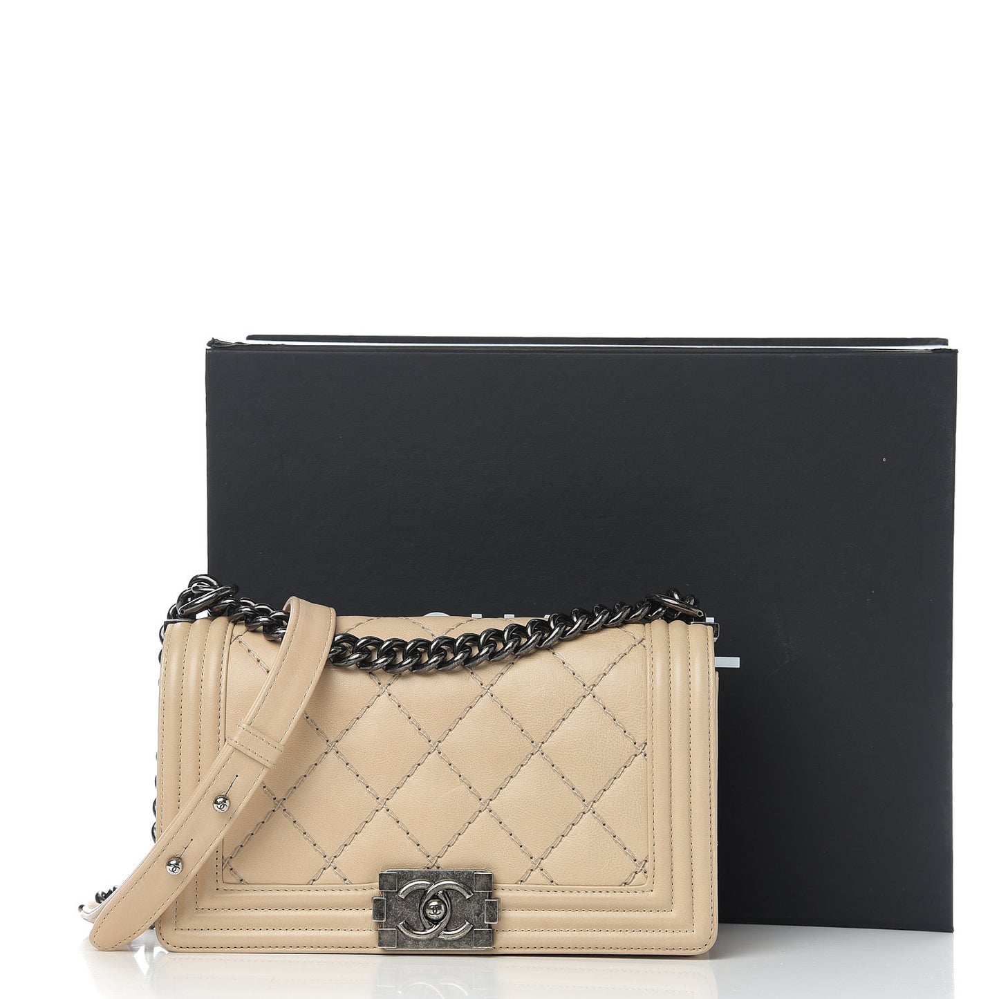 Calfskin Quilted Double Stitch Medium Boy Flap Beige