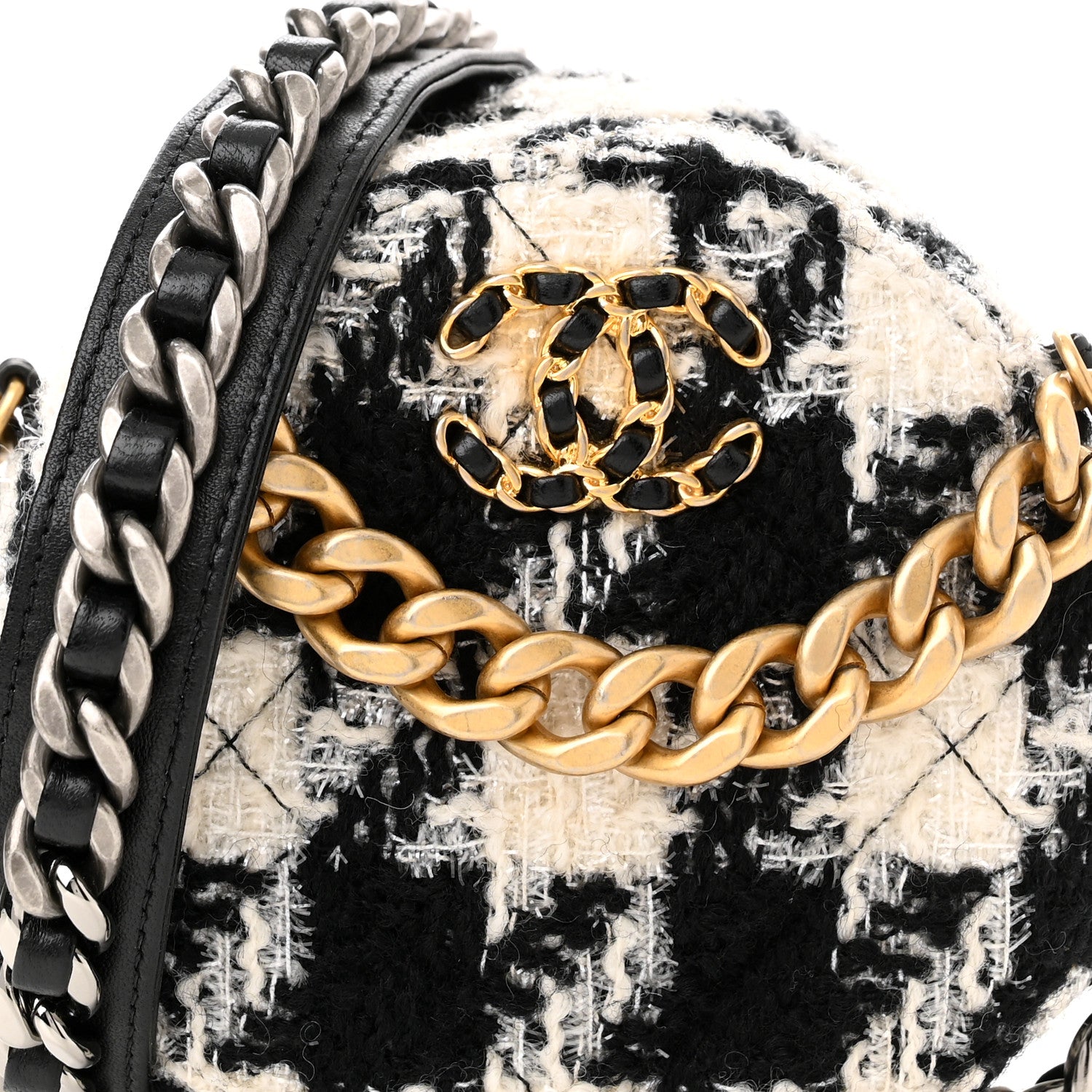 Chanel Wool Tweed Lambskin Quilted Chanel 19 Round Clutch With Chain and Coin Purse Black White 8 of 10