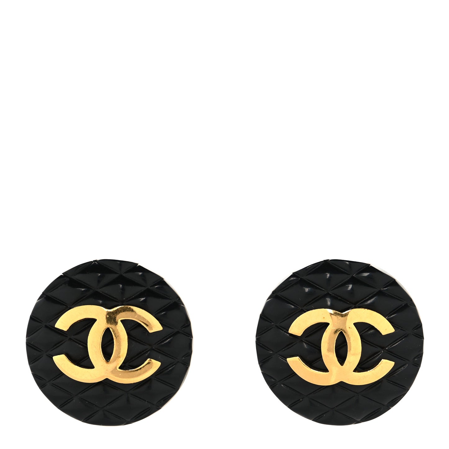 Enamel Quilted CC Clip On Earrings Black Gold