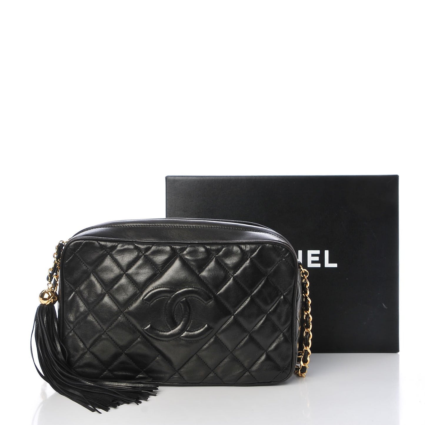 Lambskin Quilted CC Tassel Camera Case Black