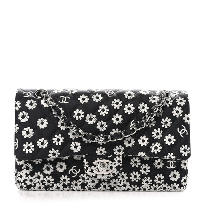 Chanel Canvas Floral Printed Quilted Medium Double Flap Black White 1 of 10