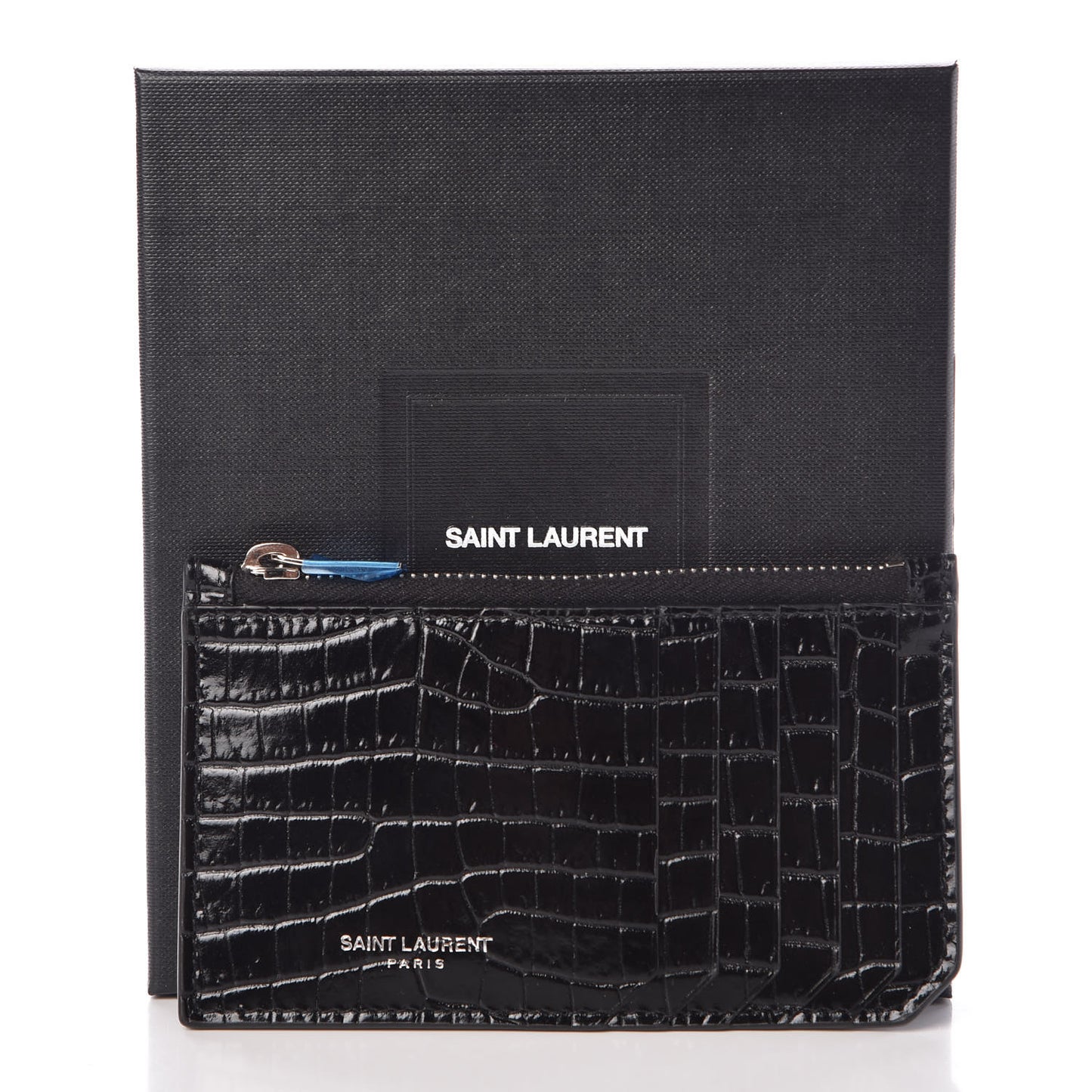 Calfskin Crocodile Embossed 5 Fragments Zip Pouch Card Holder Black