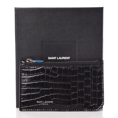 Saint Laurent Calfskin Crocodile Embossed 5 Fragments Zip Pouch Card Holder Black 7 of 7