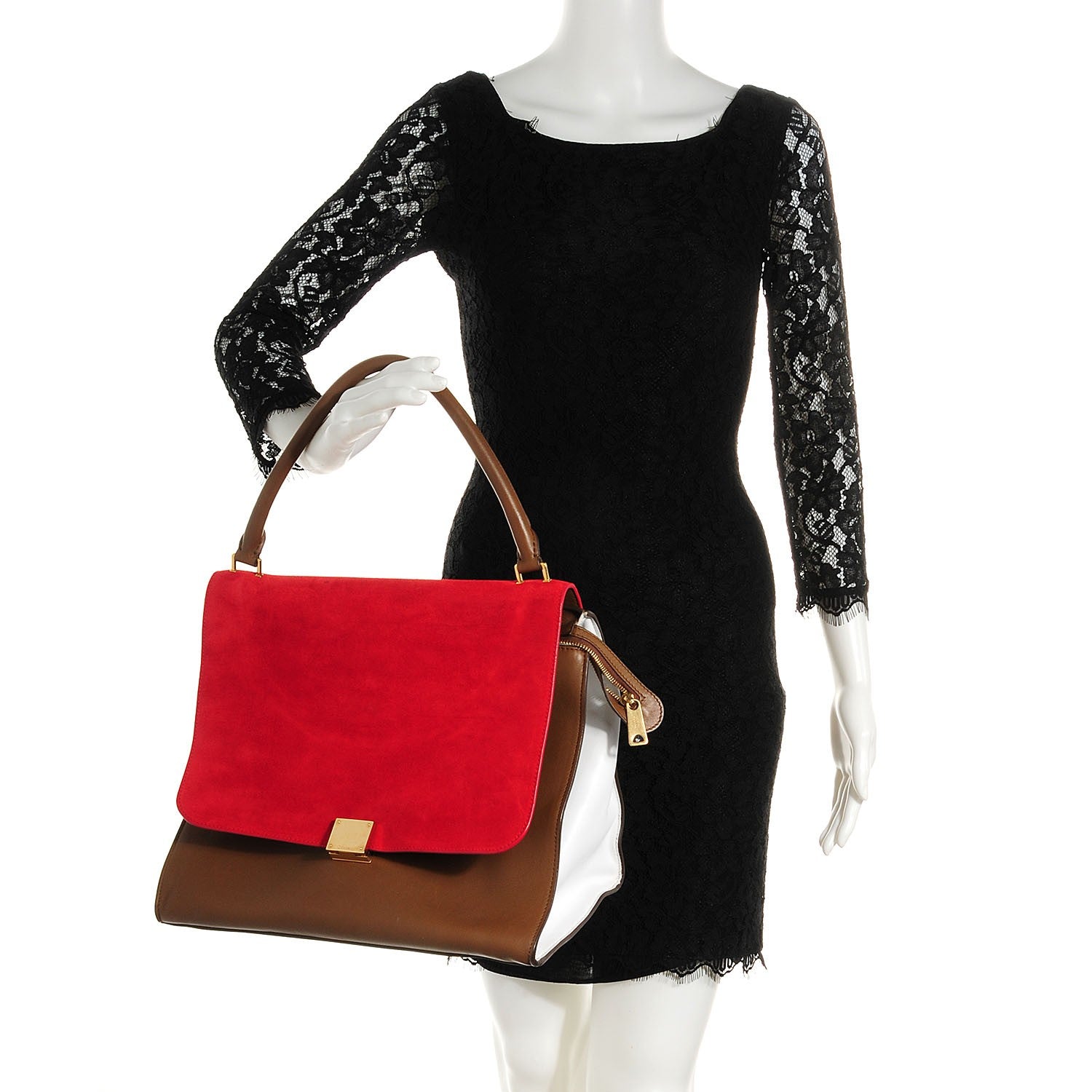 Celine Calfskin and Suede Large Tri-Color Trapeze Vermillion 2 of 7