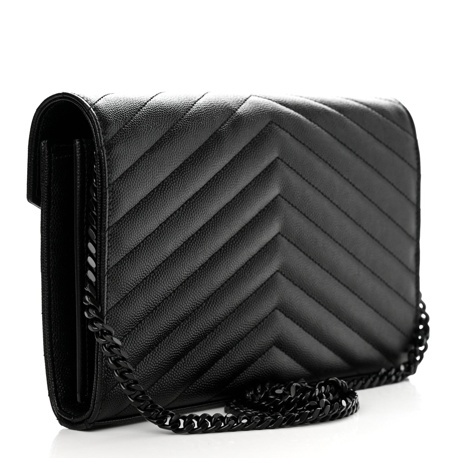 Saint Laurent Grain De Poudre Matelasse Chevron Monogram Monochrome Chain Wallet Black 3 of 11