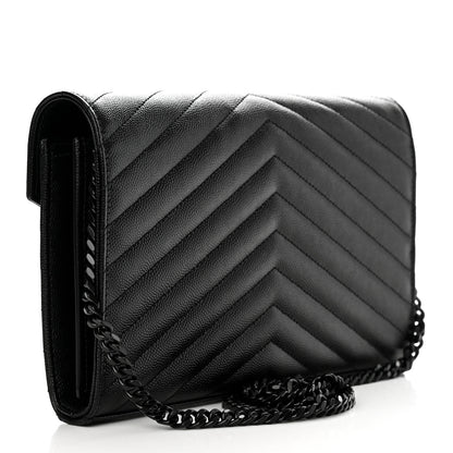 Saint Laurent Grain De Poudre Matelasse Chevron Monogram Monochrome Chain Wallet Black 3 of 11