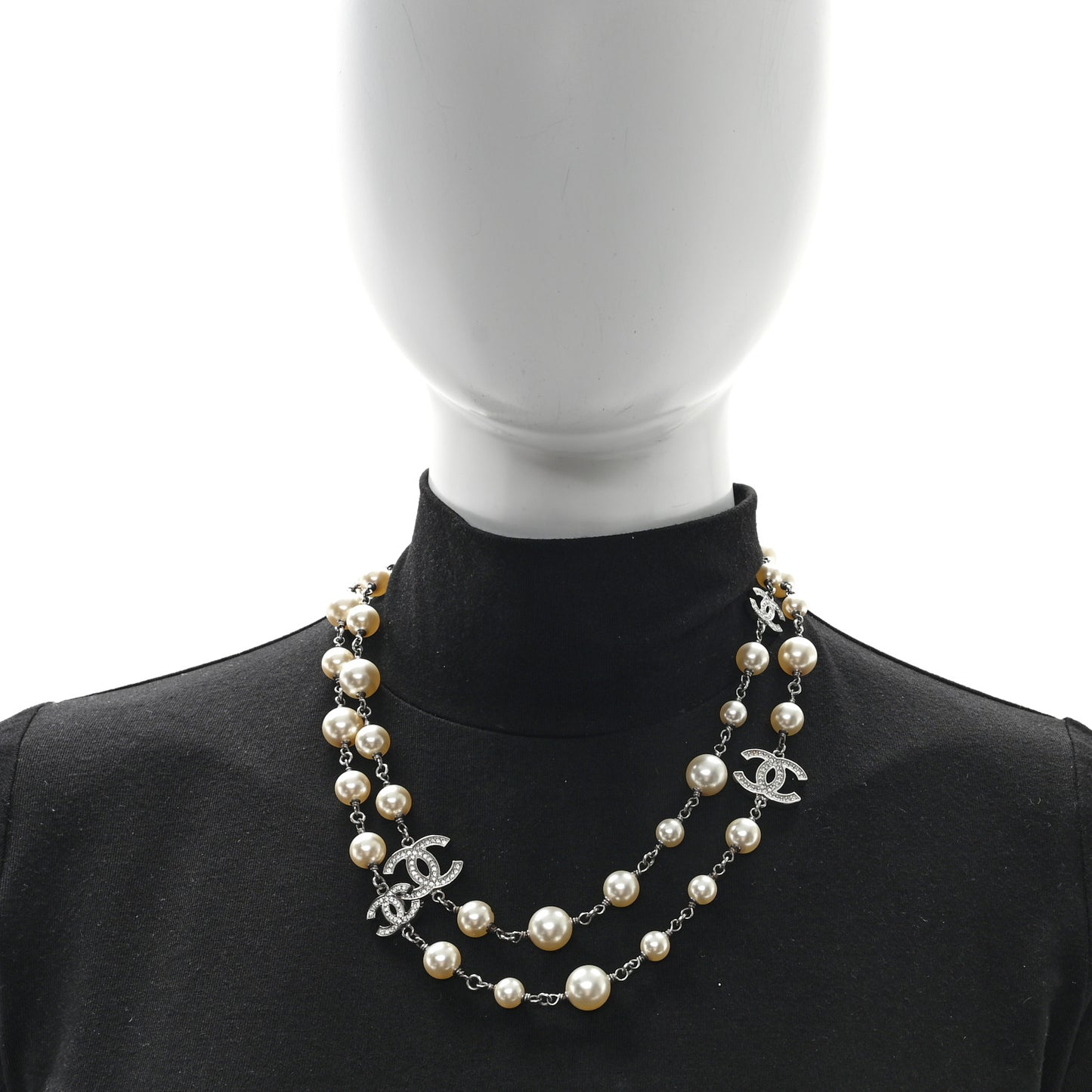 Crystal Pearl CC Long Necklace Silver