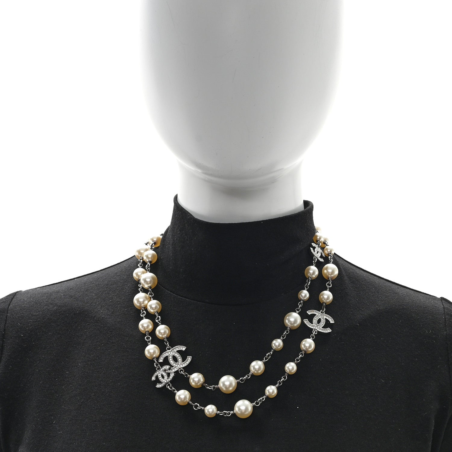 Chanel Crystal Pearl CC Long Necklace Silver 2 of 5