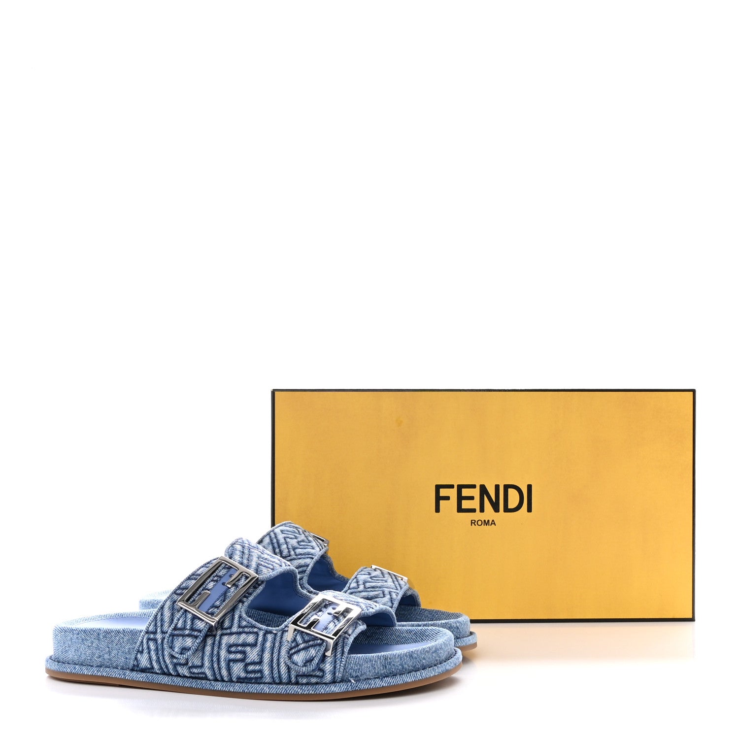 Fendi Denim Jacquard FF Womens Fendi Feel Buckled Slide Sandals 39.5 Blue 10 of 10