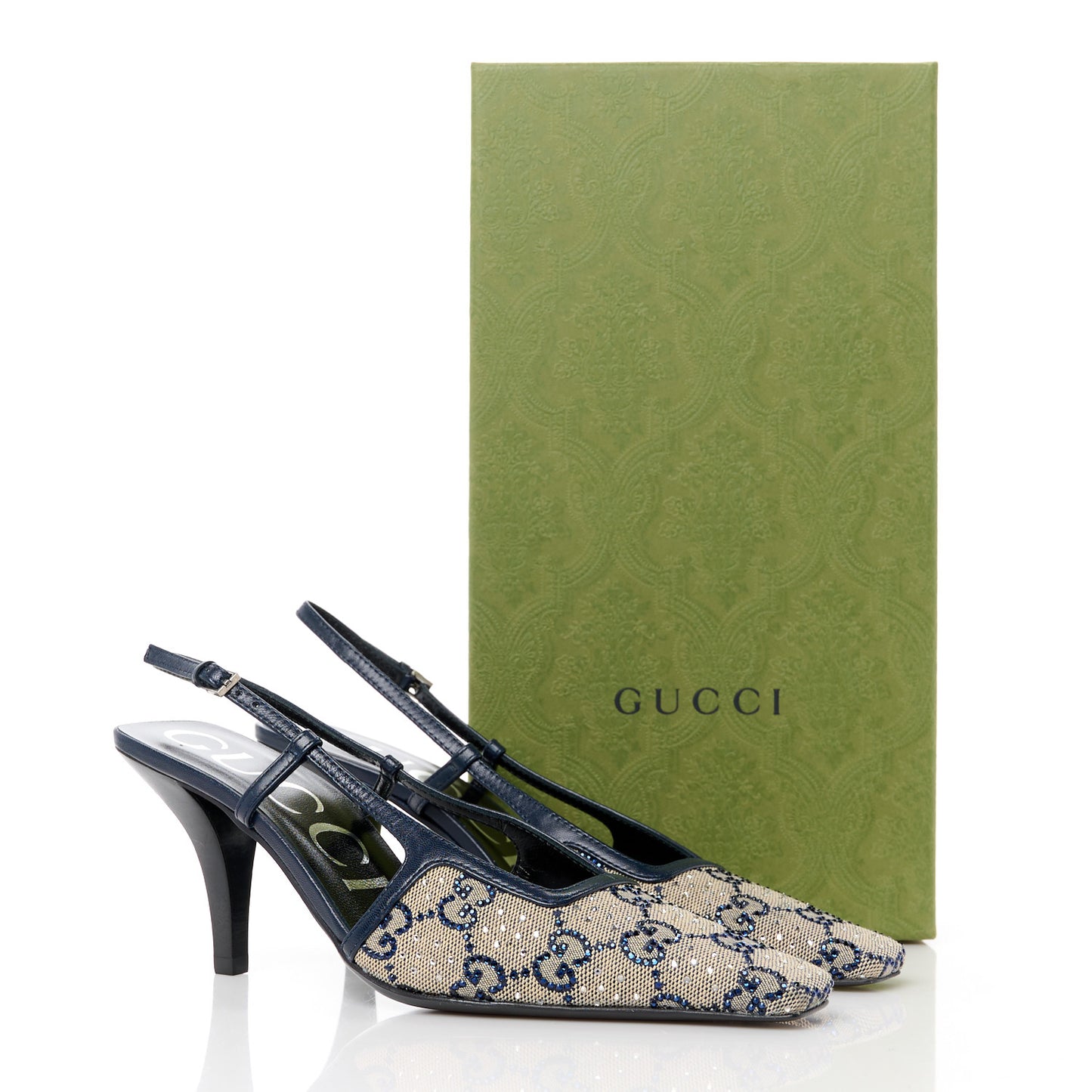 GG Monogram Malaga Kid Crystal Square G 75mm Slingback Pumps 35.5 Beige Blue