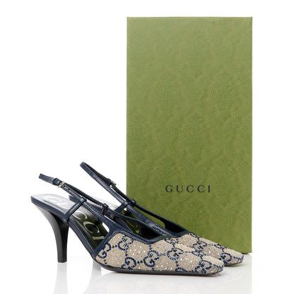 Gucci GG Monogram Malaga Kid Crystal Square G 75mm Slingback Pumps 35.5 Beige Blue 9 of 9