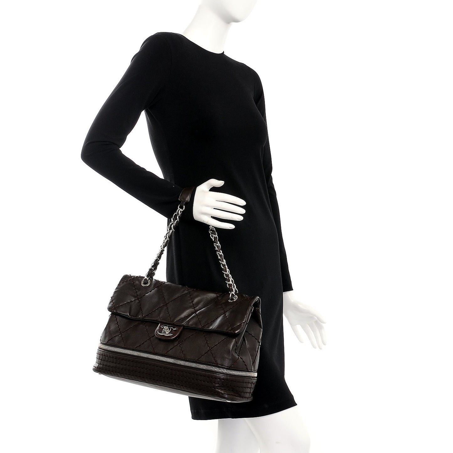 Calfskin Large Expandable Flap Bag Brown