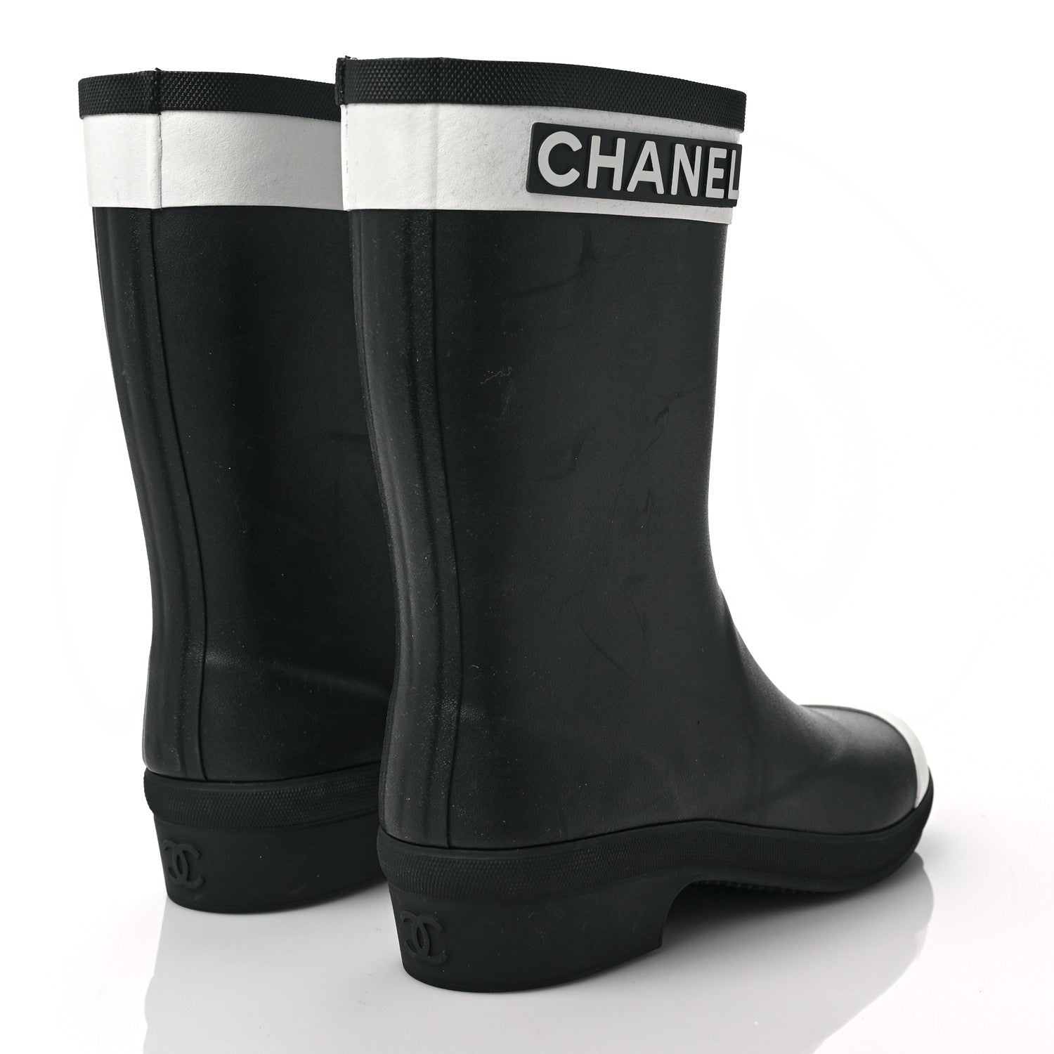 Chanel Rubber Logo Short Rain Boots 35 Black White 4 of 9