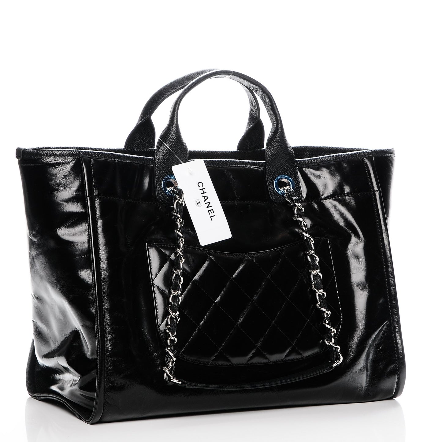 Glazed Calfskin Large Deauville Tote Black