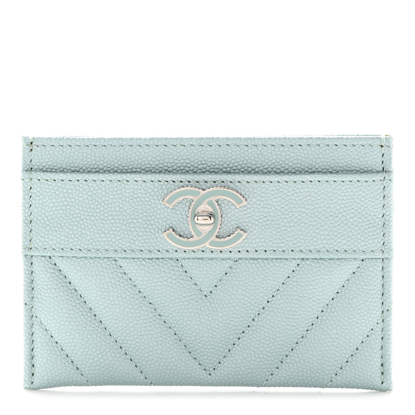 Metallic Caviar Chevron Quilted Vintage Mademoiselle Card Holder Light Blue