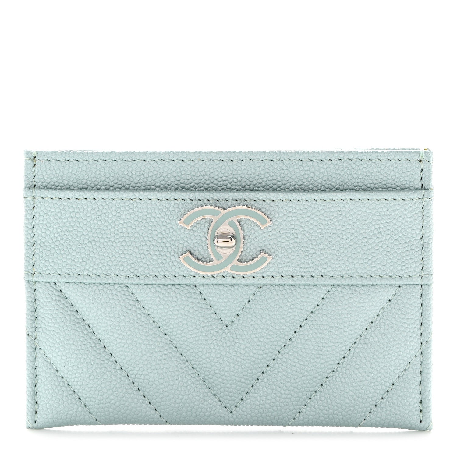 Chanel Metallic Caviar Chevron Quilted Vintage Mademoiselle Card Holder Light Blue 1 of 8