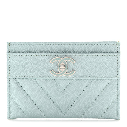 Chanel Metallic Caviar Chevron Quilted Vintage Mademoiselle Card Holder Light Blue 1 of 8