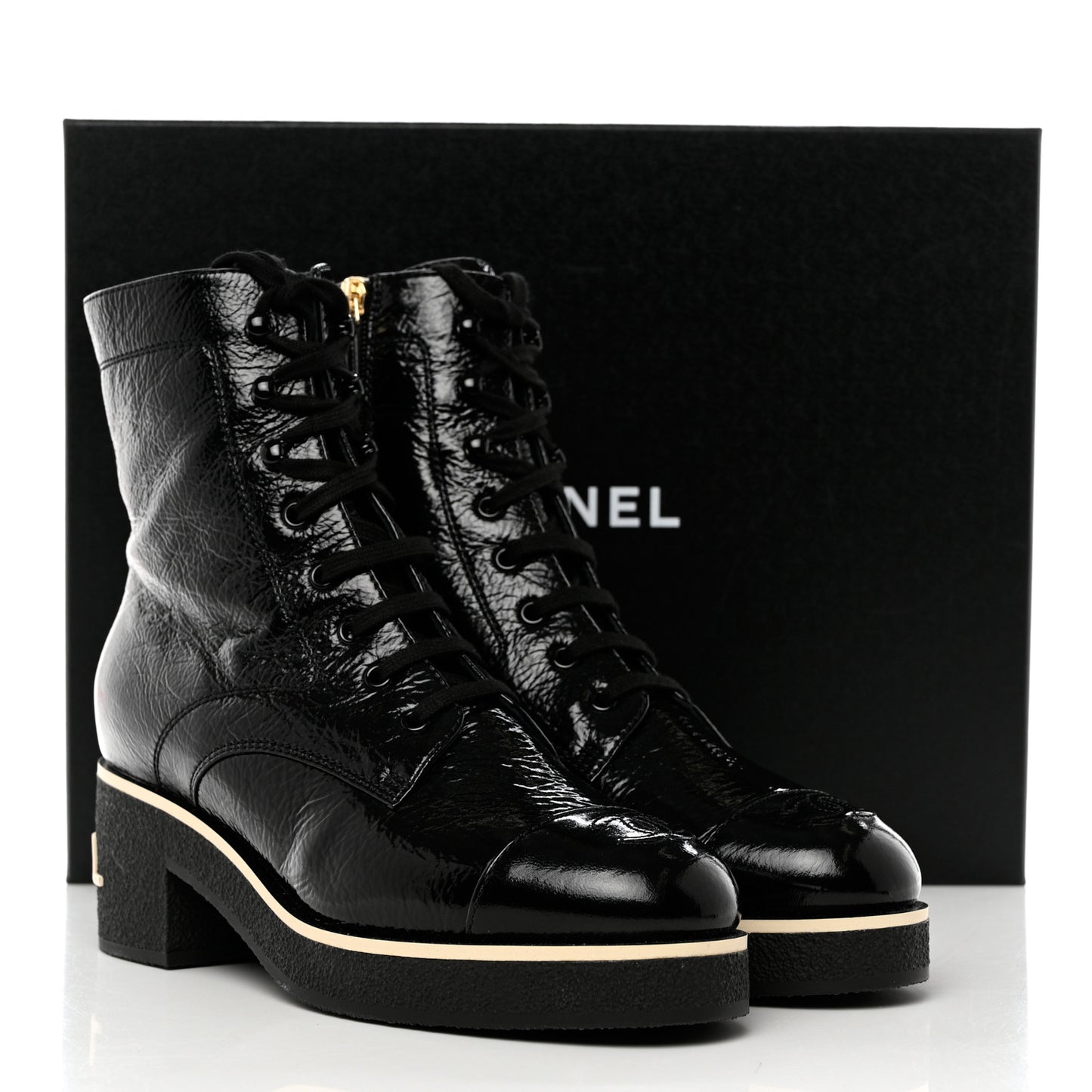 Shiny Crumpled Lambskin Lace Up Combat Boots 40.5 Black