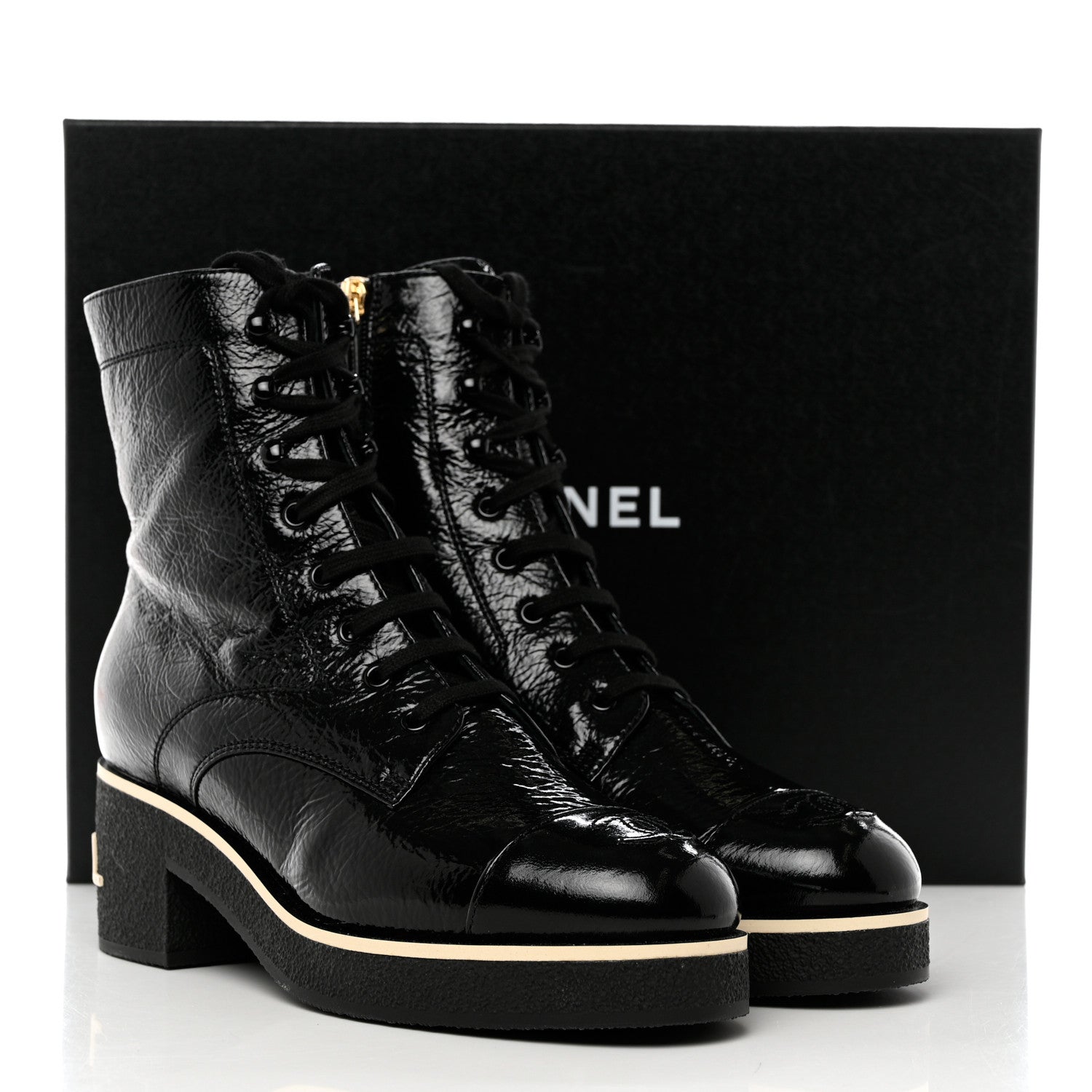 Chanel Shiny Crumpled Lambskin Lace Up Combat Boots 40.5 Black 9 of 9