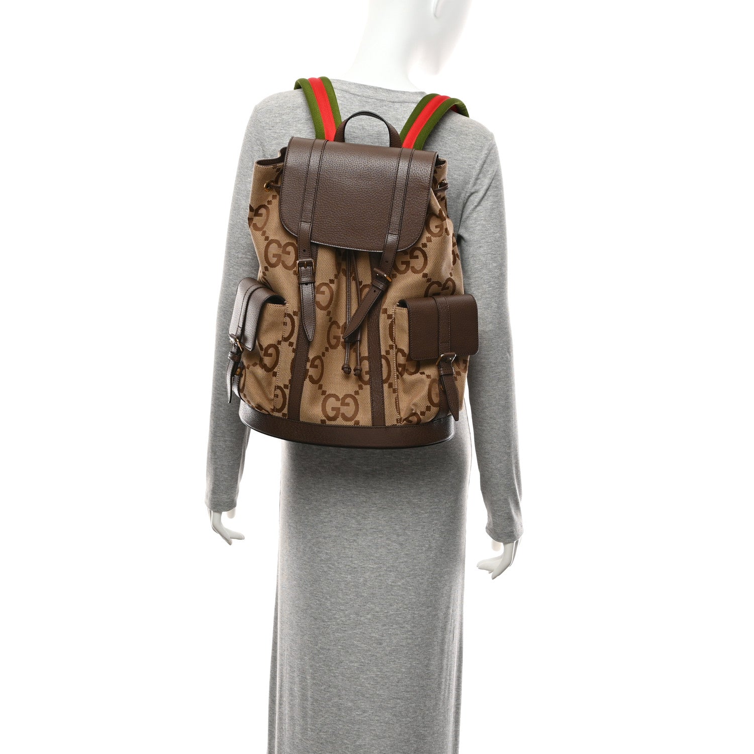 Gucci Monogram Jumbo GG Textured Dollar Calfskin Web Double Buckle Backpack Camel Ebony New Acero 2 of 11