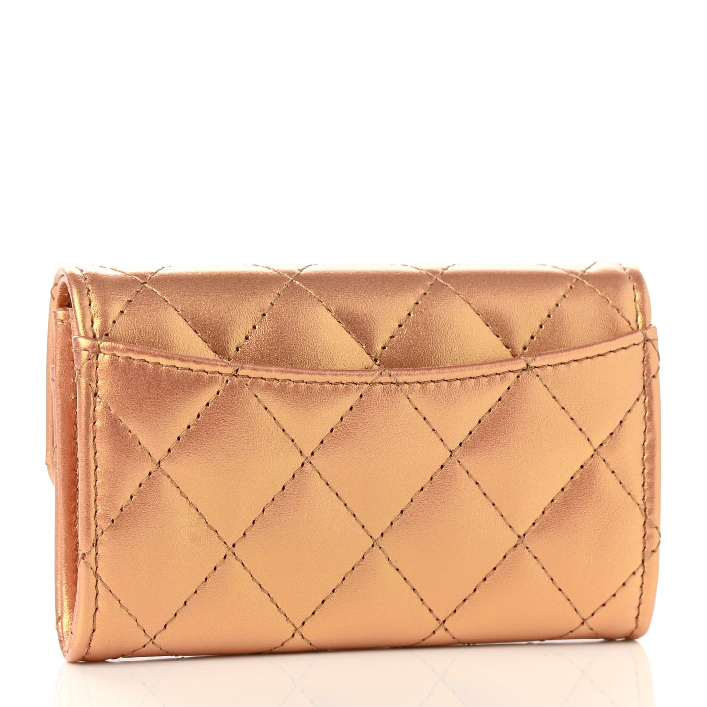 Metallic Lambskin Quilted Flap Card Holder Wallet Gold