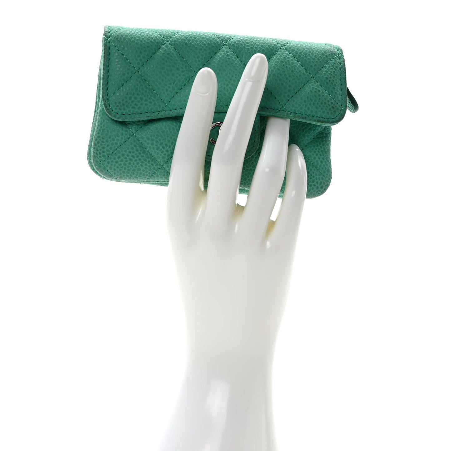 Iridescent Caviar Quilted Flap Zip Card Holder Green