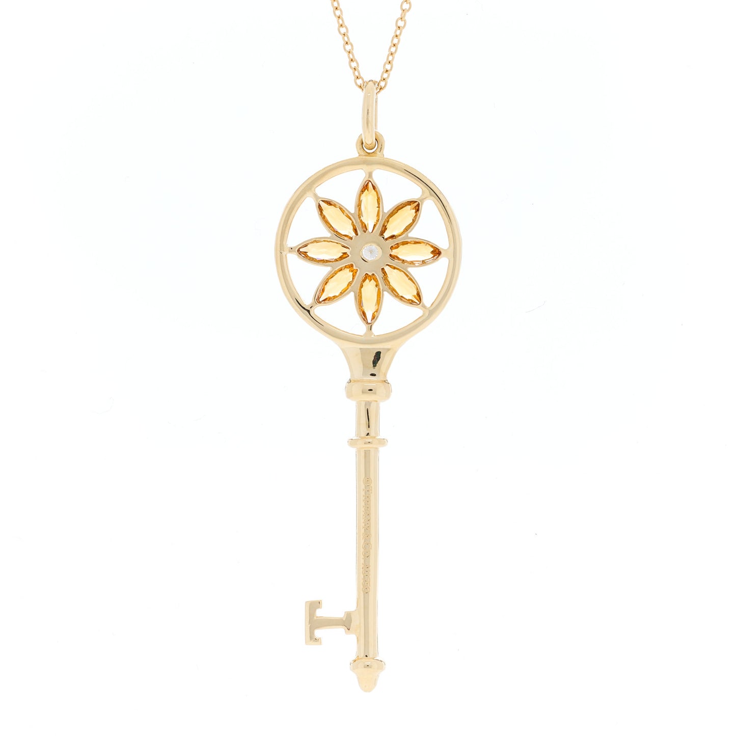 18K Yellow Gold Diamond Citrine Daisy Key Pendant Necklace