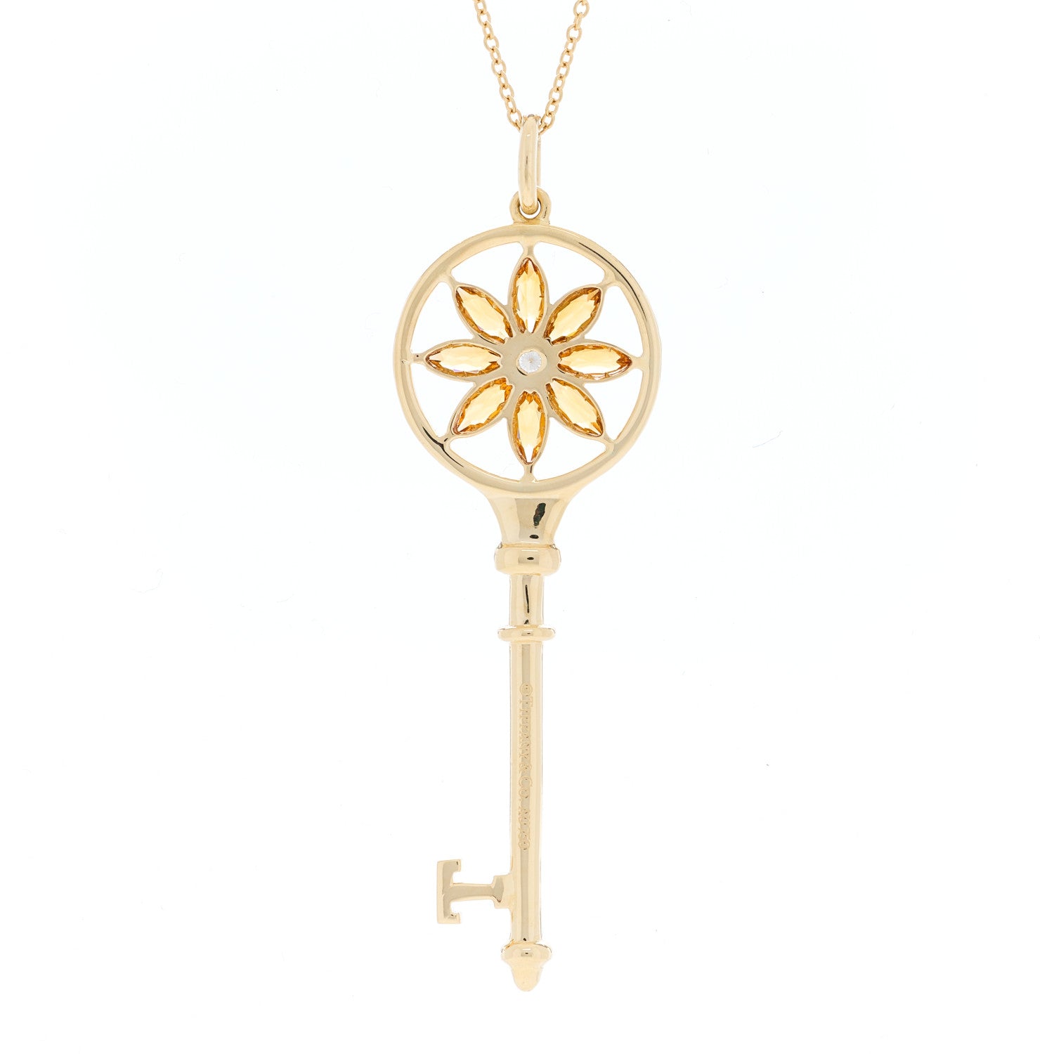 Tiffany 18K Yellow Gold Diamond Citrine Daisy Key Pendant Necklace 3 of 5